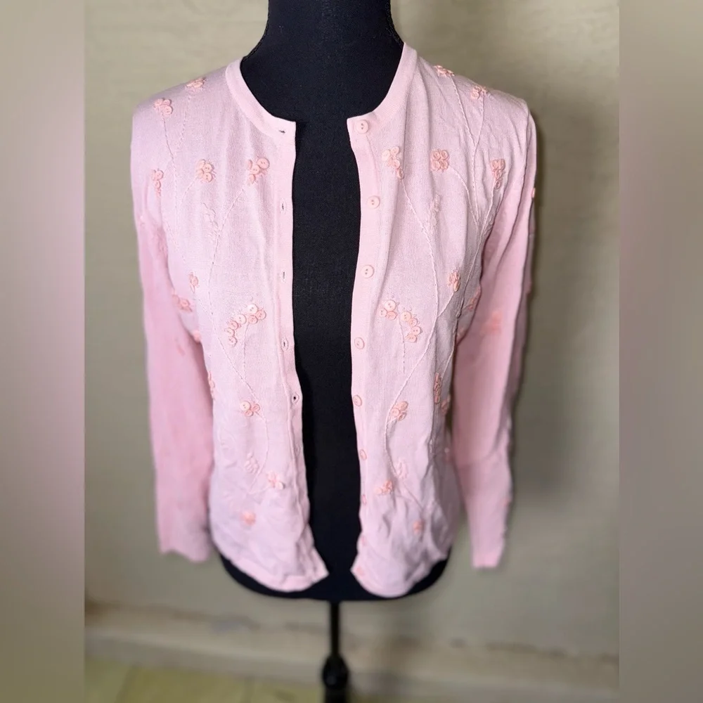 JAXSPORT Pink Embroidered Cardigan Y2K Balletcore Coquette Soft Girl Chic- Small
